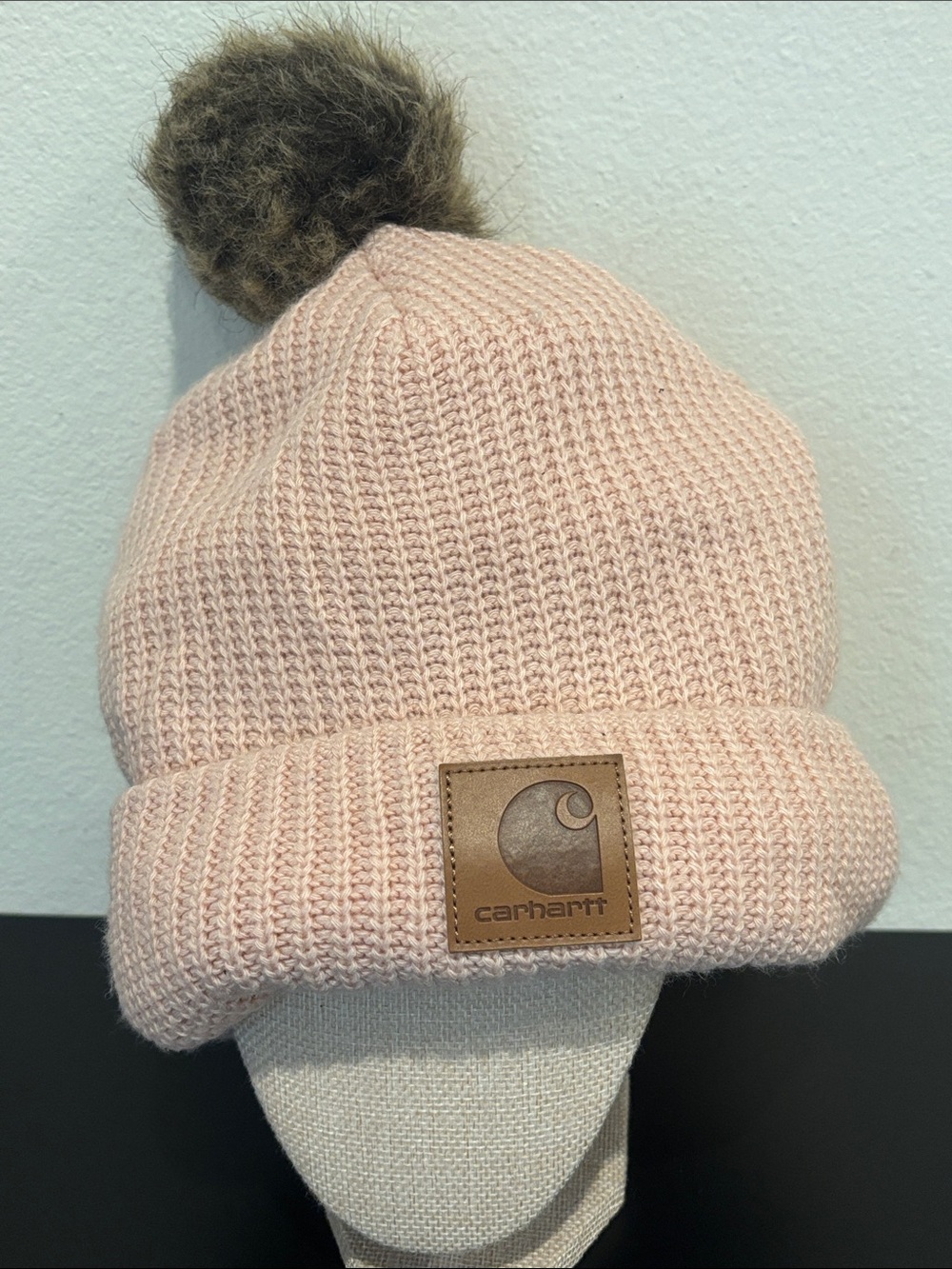 Carhartt Light Pink Knit Pom Beanie with Brown Faux-Fur Pom